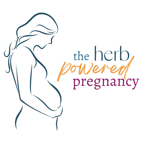 line drawing of a pregnant woman and the words "the herb powered pregnancy"